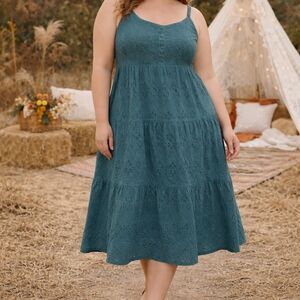 Denver Hayes 100% Cotton Teal Eyelet Sleeveless Dress Plus Size Boho Cottagecore